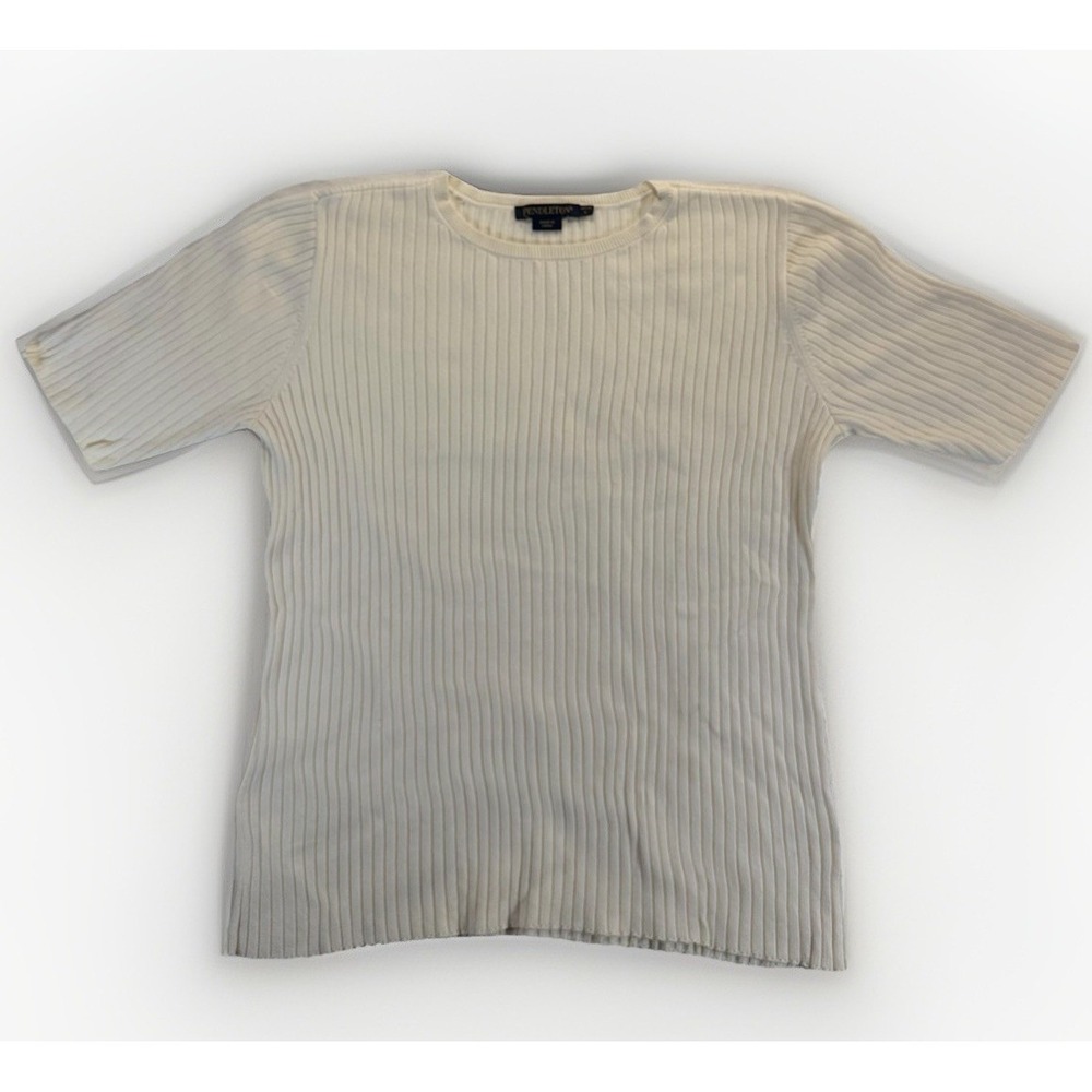 Pendleton Petite L Ribbed Cable Knit S/S‎ Sweater Ivory Coquette Minimalist